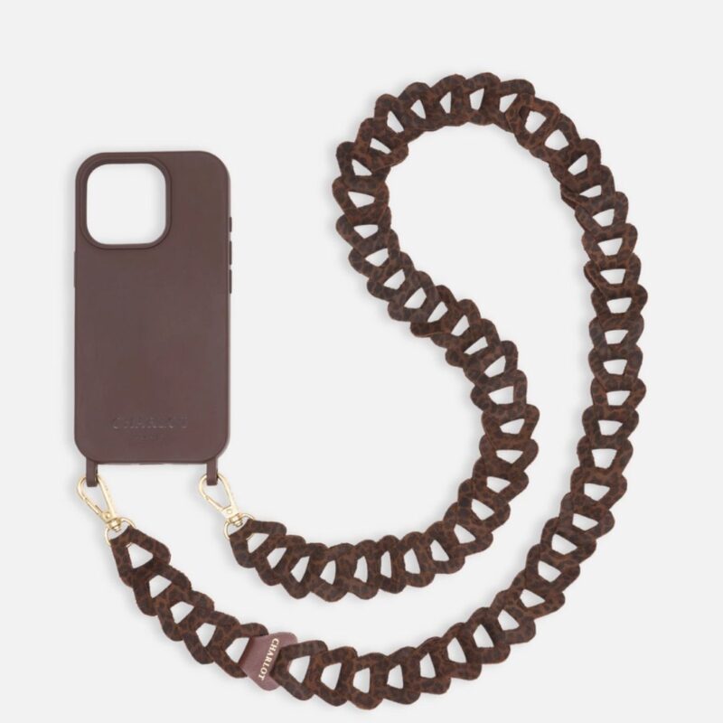 Dark Leopard woven leather phone strap handmade in France