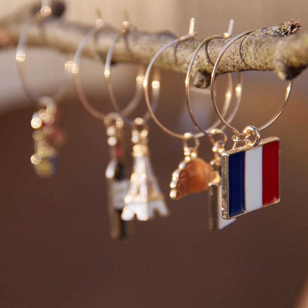 French wine charms set with Eiffel Tower croissant French flag Moulin Rouge wine bottle and perfume designs
