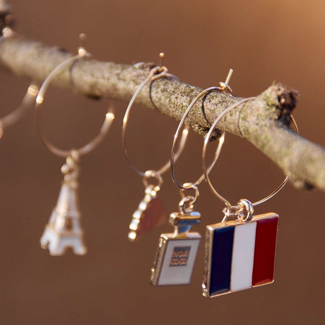 French wine charms set with Eiffel Tower croissant French flag Moulin Rouge wine bottle and perfume designs