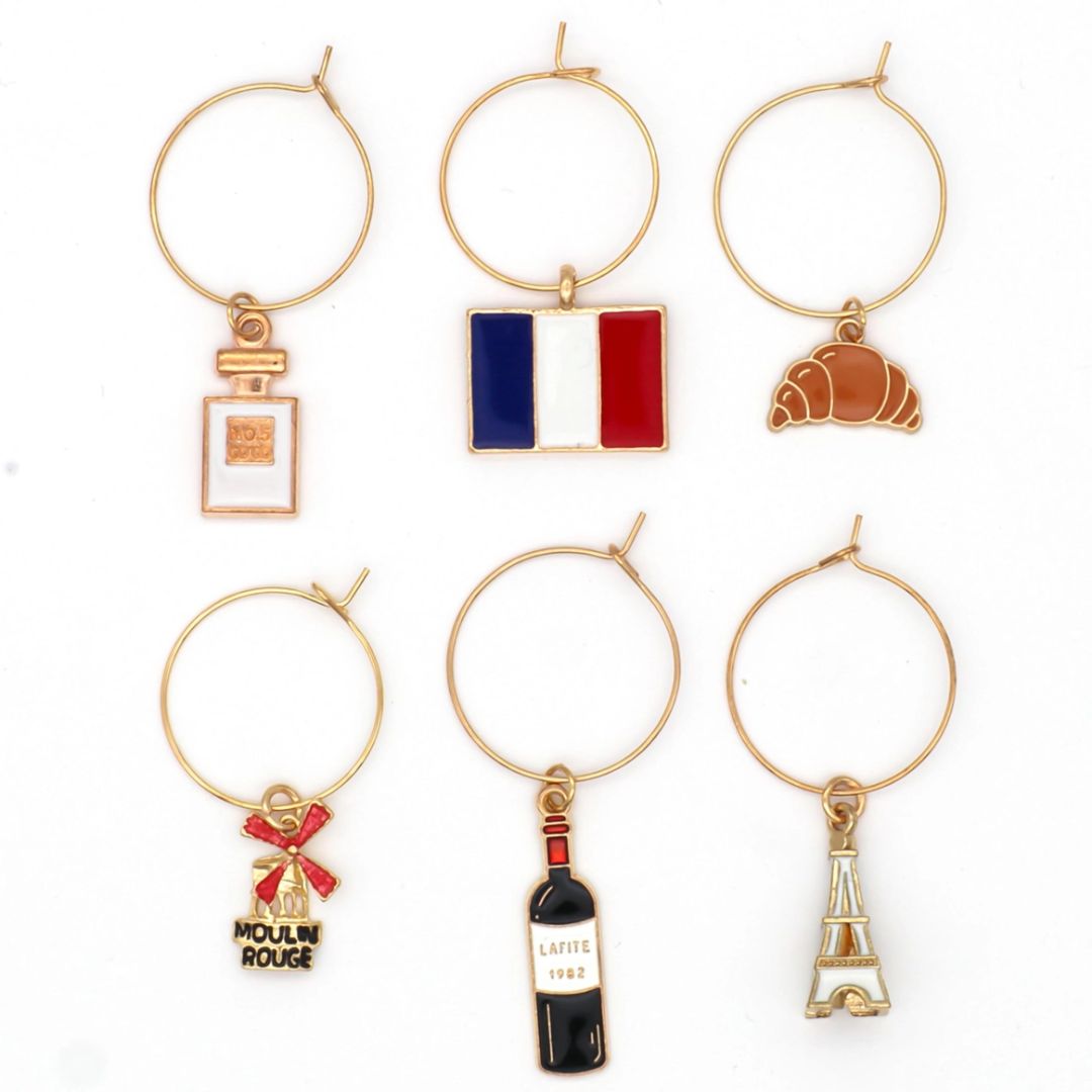 French wine charms set with Eiffel Tower croissant French flag Moulin Rouge wine bottle and perfume designs