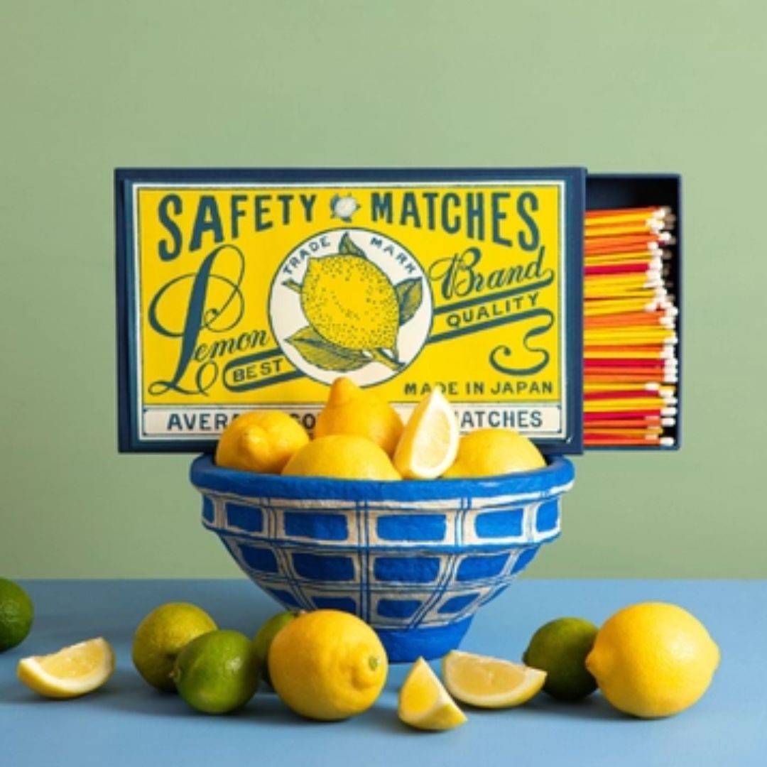 Lemon giant matches oversized yellow matchbox with extra long matches for candles