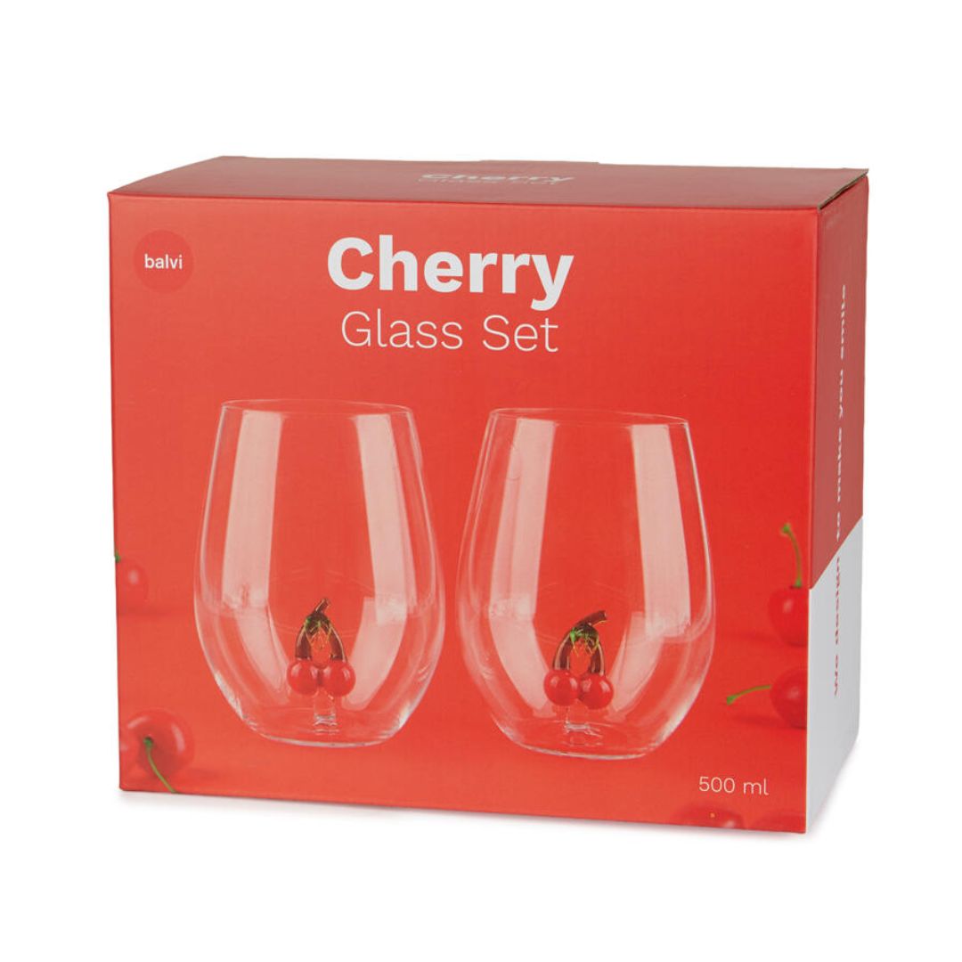 Balvi cherry glass set of two borosilicate glasses with handcrafted cherry detail inside