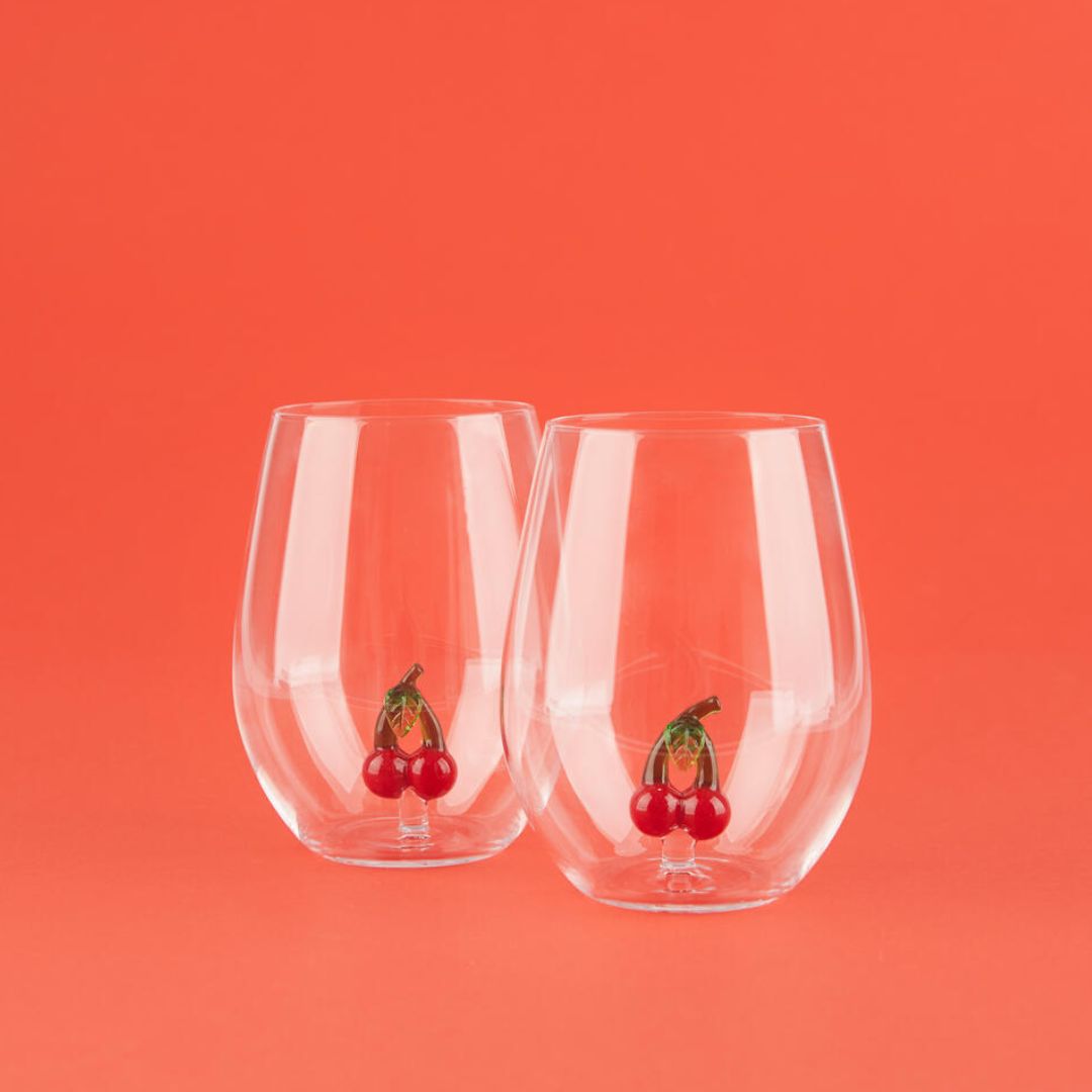 Balvi cherry glass set of two borosilicate glasses with handcrafted cherry detail inside