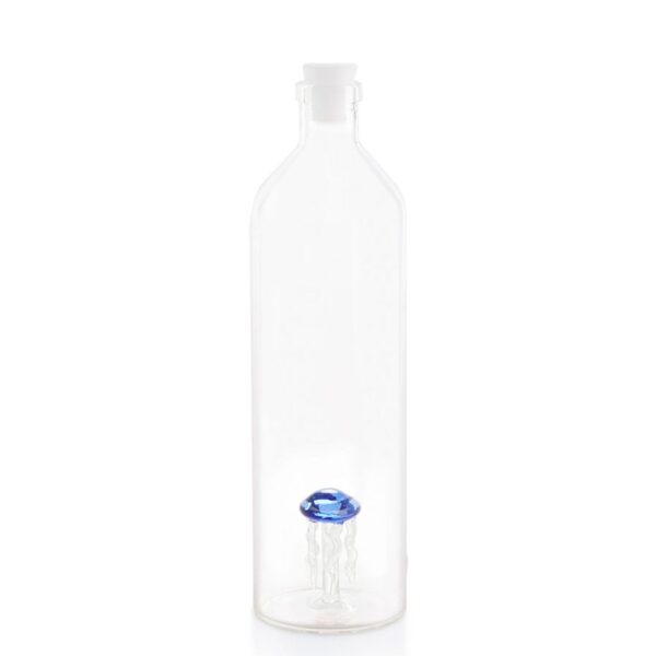 Balvi medusa glass water bottle with blue jellyfish design inside made of borosilicate glass