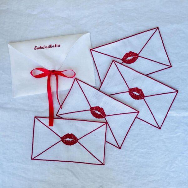 embroidered linen cocktail napkins red lips white linen love letter set