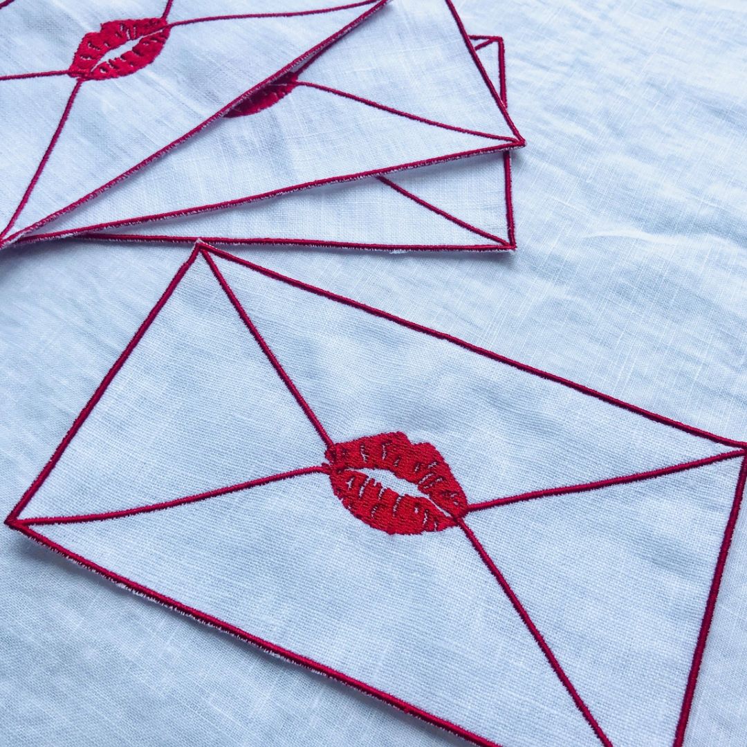 embroidered linen cocktail napkins red lips white linen love letter set