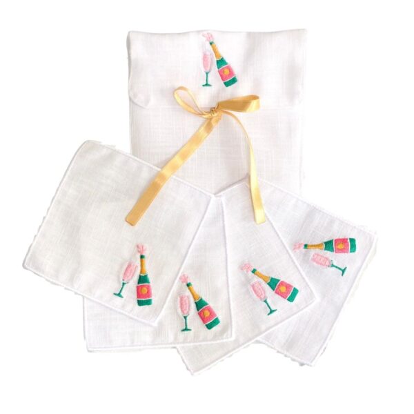 embroidered linen cocktail napkins champagne bottle white linen set