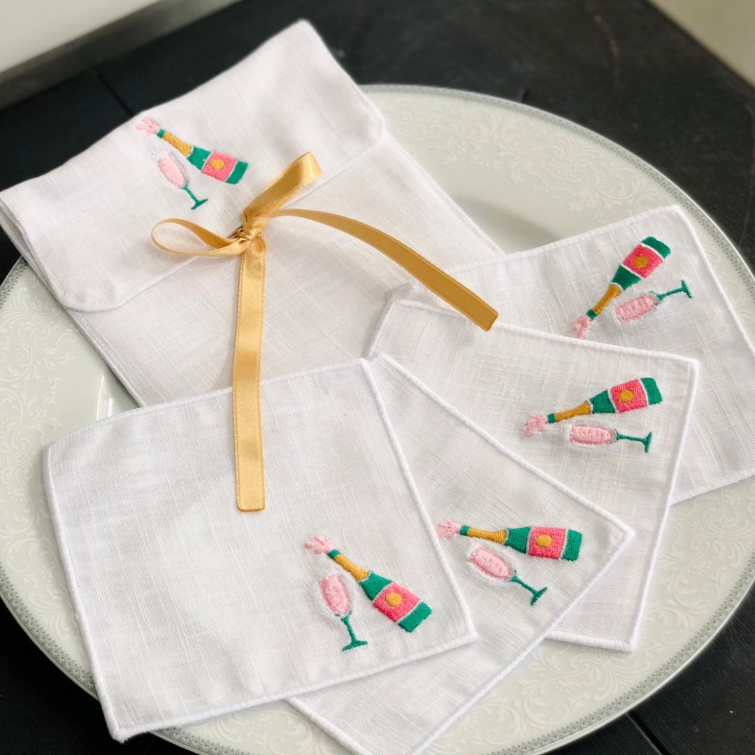 champagne cocktail napkins linen embroidered white set
