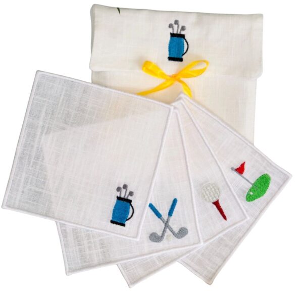embroidered linen cocktail napkins golf gift set white