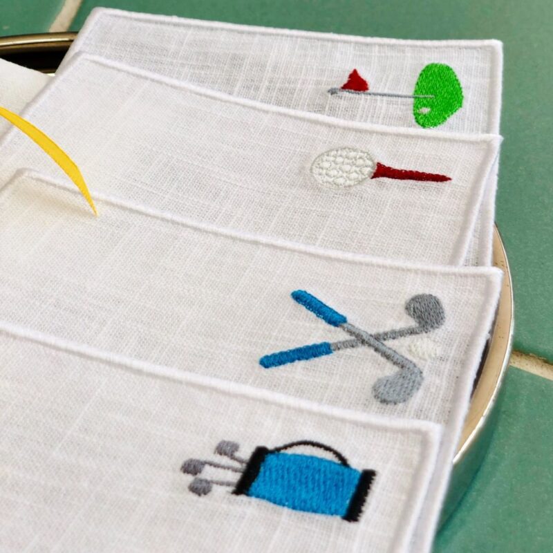 embroidered linen cocktail napkins golf gift set white