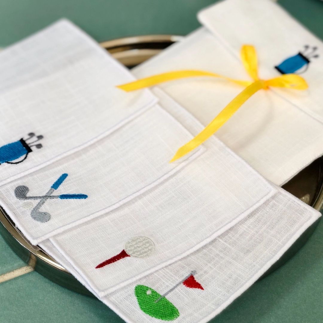 embroidered linen cocktail napkins golf gift set white