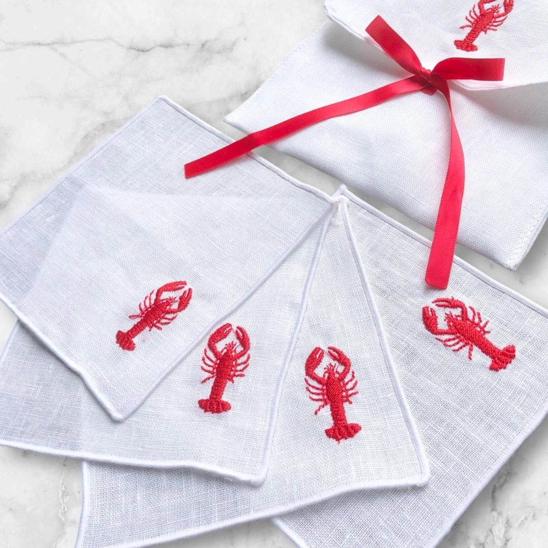 embroidered lobster linen cocktail napkins white set of 4