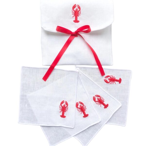 embroidered lobster linen cocktail napkins white set of 4