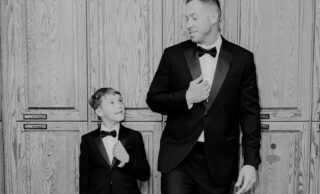 Father and son dressed in matching tuxedos for Father's Day celebration