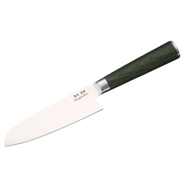 Miyazaki Kodawari Santoku knife with green pakkawood handle made in Japan