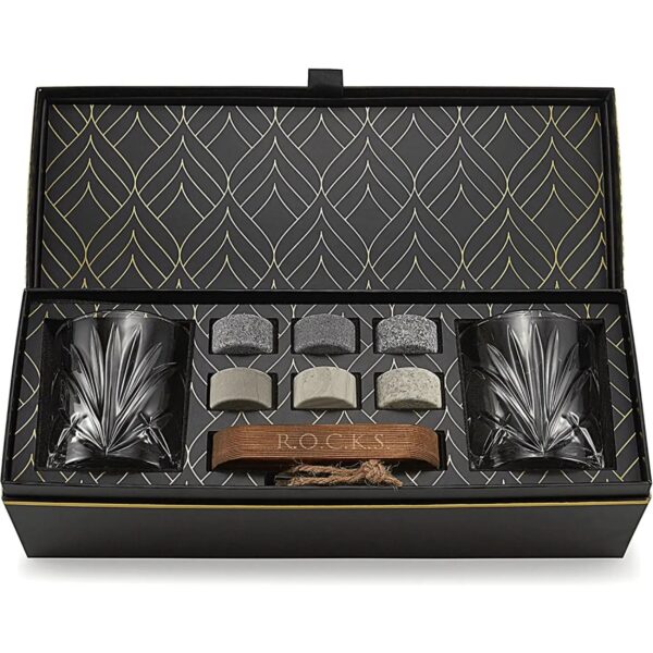 ROCKS whiskey stones gift set with Palm whiskey glasses in luxury presentation box