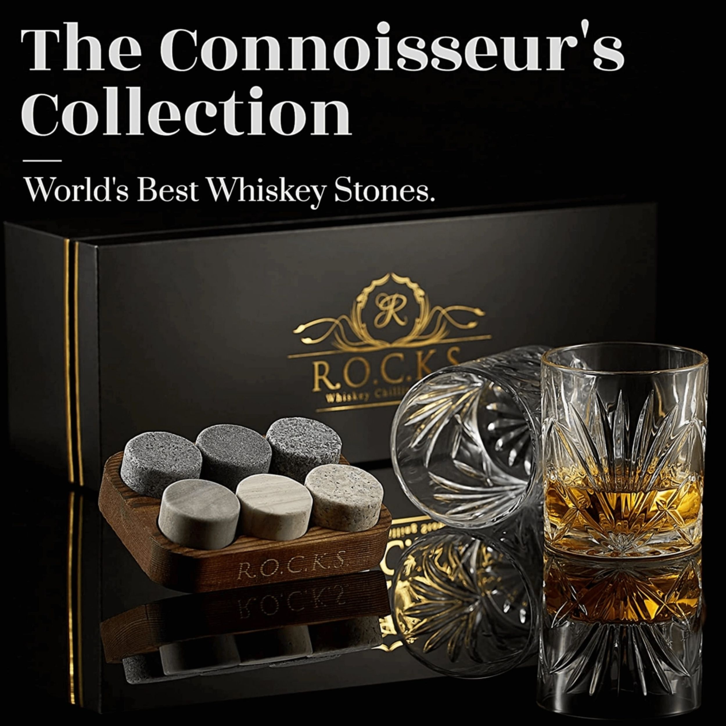 ROCKS whiskey stones gift set with Palm whiskey glasses in luxury presentation box