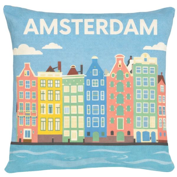 Amsterdam needlepoint pillow featuring colourful embroidered canal houses