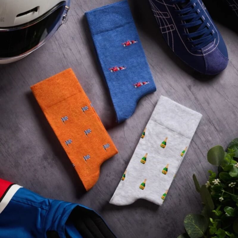Three pairs of motorsport socks The Grid The Flag and The Bubbles